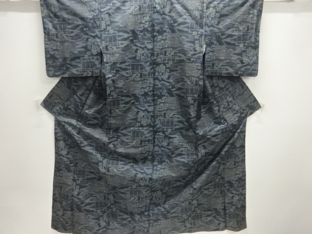 流水に家屋風景模様織出し本場泥大島紬着物